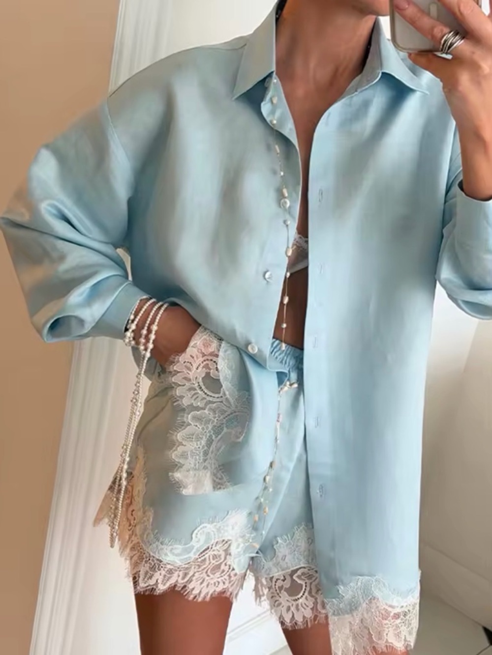 Light Blue Satin Lace Trim blouse/shorts Set